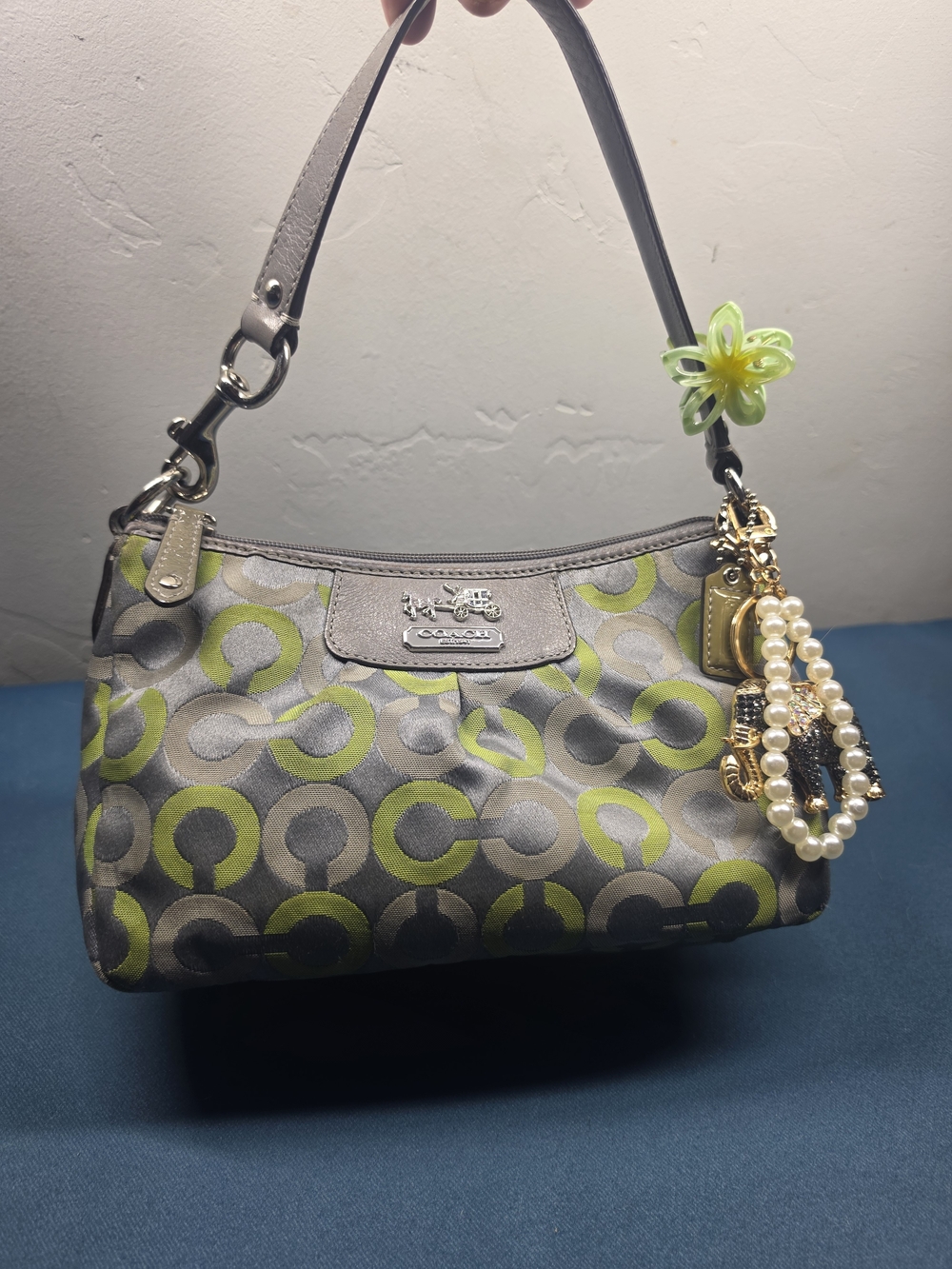 Coach Gray & Lime Signature Jacquard Small Shoulder Bag